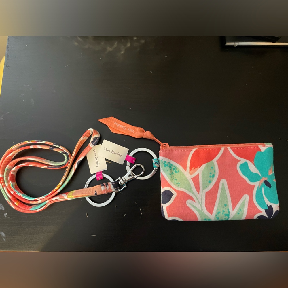 Vera Bradley Pink Floral Zip ID Pouch with Matching Lanyard with Tags